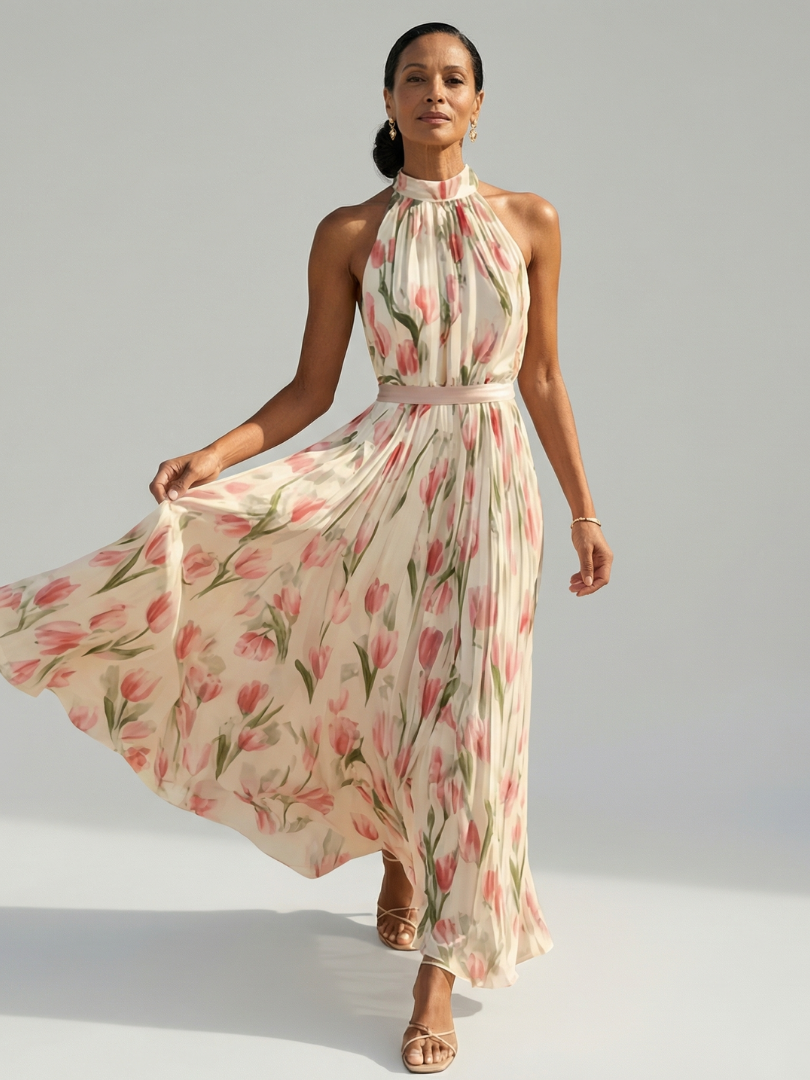 ALÉVANE | Robe Midi à Col Halter à Fleurs Aurelle
