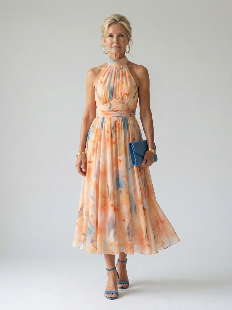 ALÉVANE | Robe Midi à Col Halter Doux Elin