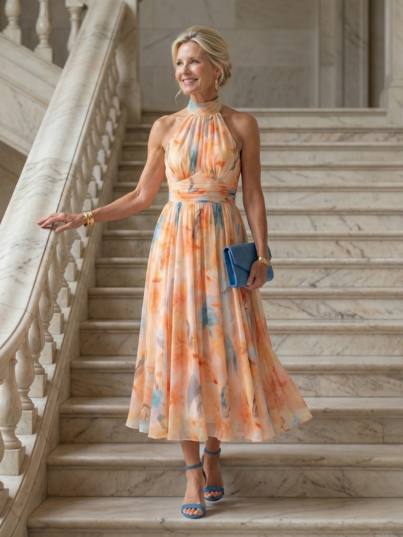 ALÉVANE | Robe Midi à Col Halter Doux Elin
