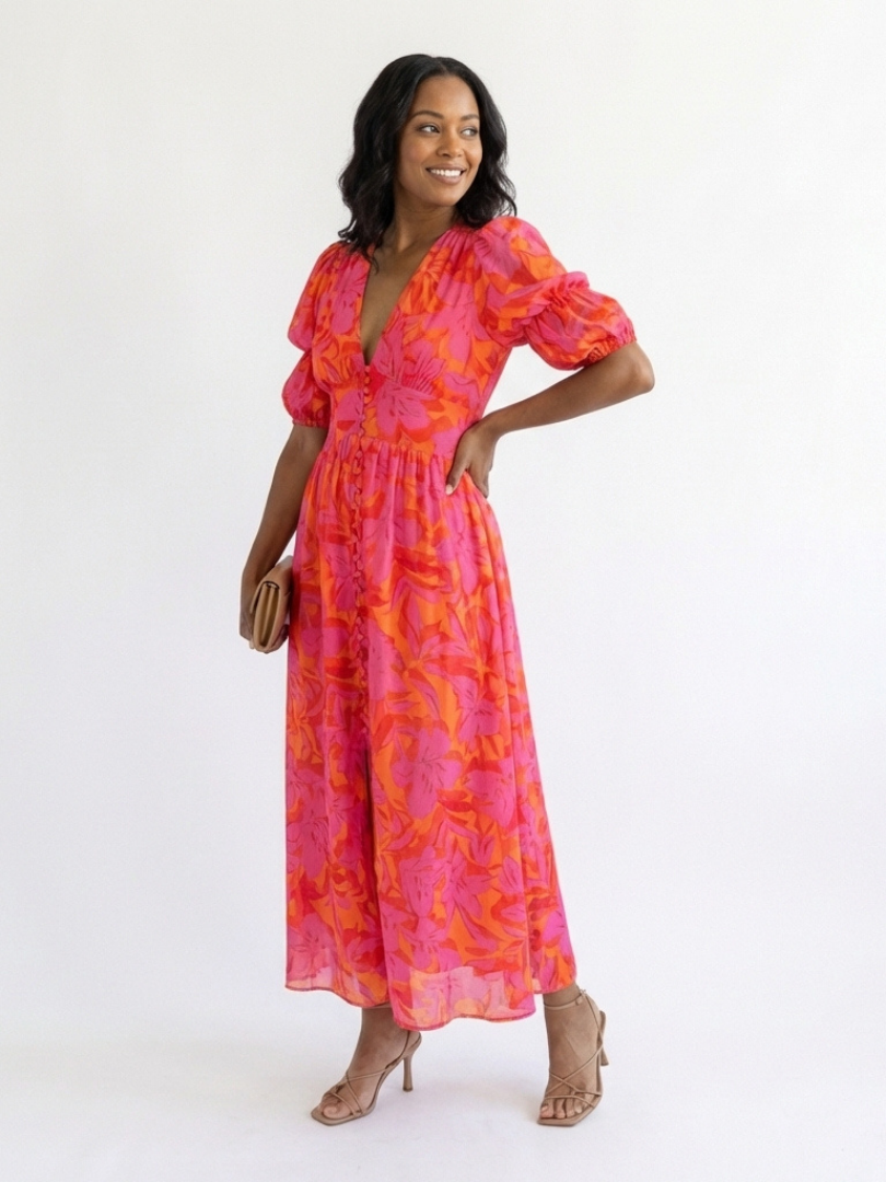 ALÉVANE | Robe Midi à Manches Bouffantes Willow