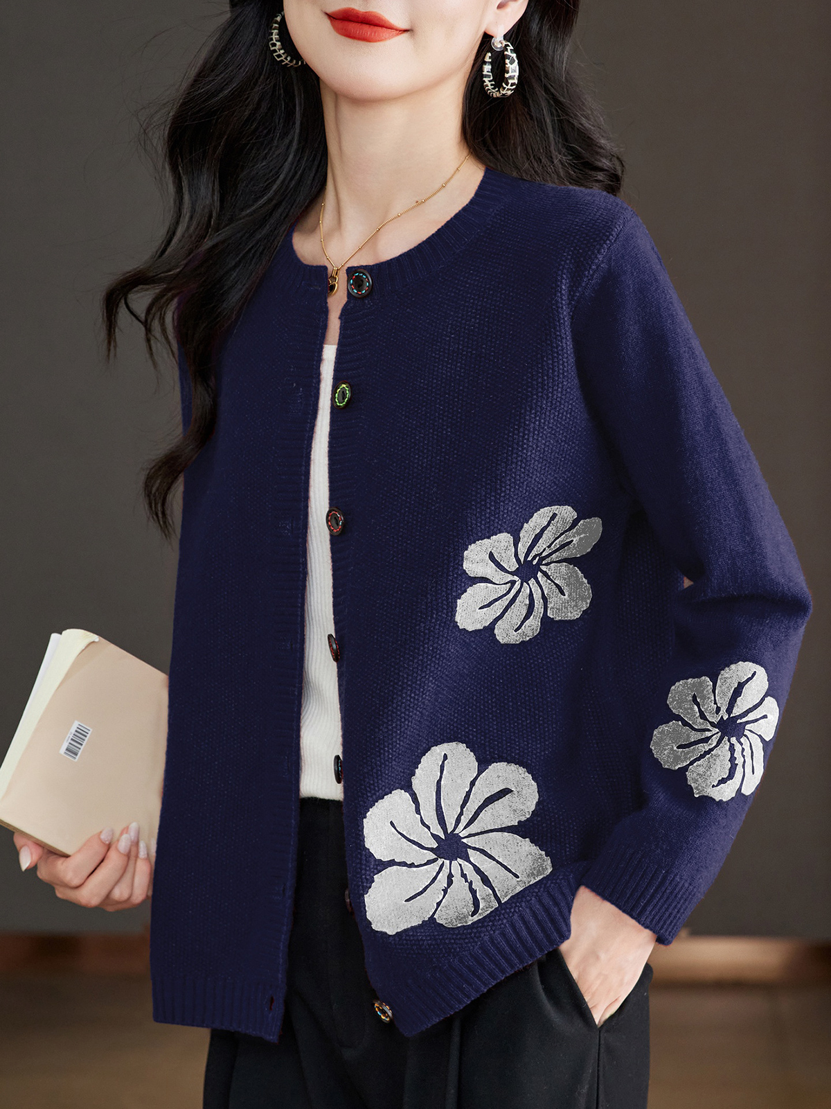 ALÉVANE | Cardigan Marine à Fleurs Nathalie